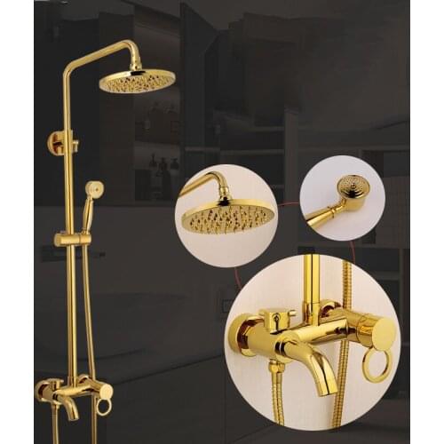 Gold Bathroom Shower Set of Round Shower Head Hand Shower Solid Brass Bathtub Mixer Faucet Hot Cold Gold Bathroom Shower System