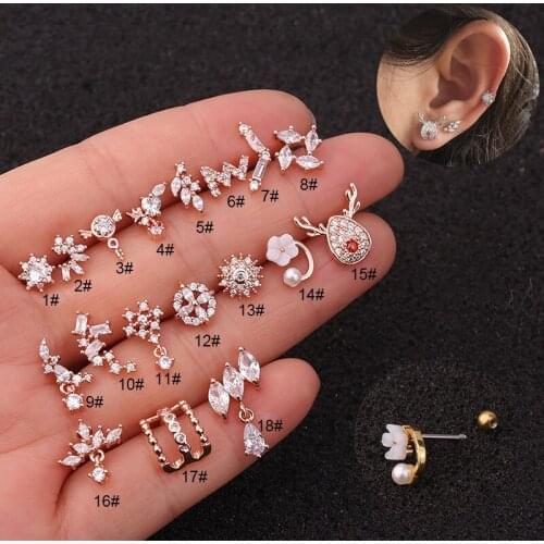 1 PCS Mix Kinds Trendy Small Flower Stars Ear Studs Cuff Earrings Cute Geometric Shiny CZ Helix Piercing Cartilage Earrings