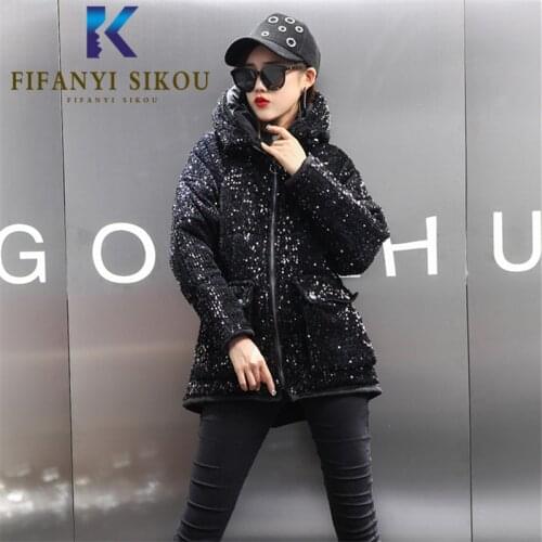 2020 Winter Jacket Women Hooded Parkas Fashion Sequins Zipper Loose Plus Size Cotton Padded Coat Thick Warm Overcoat Winter Coat