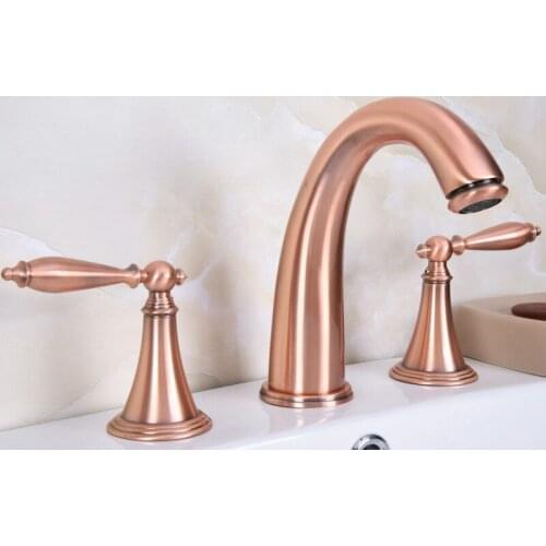 Antique Red Copper 3 Hole Widespread Bathroom Basin Faucet Deck Mounted Vessel Sink / Bathtub Dual Handle Mixer Taps