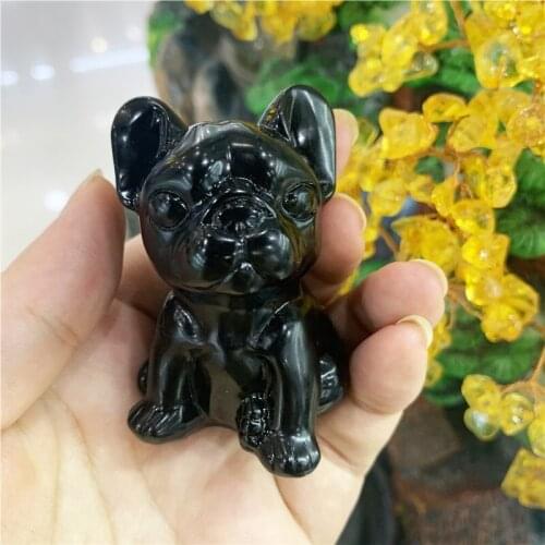 Natural obsidian dog Figurines bulldog Miniatures Hand Carved cute Animal Statue Healing Crystal home decoration for gifts 1pcs