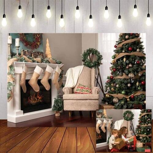 Christmas fireplace backdrop for photography Modern living room christmas tree photo booth background Beige socks Wreath sofa