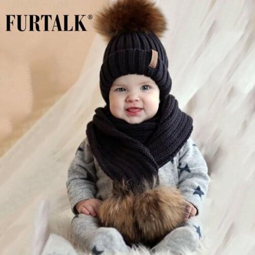 FURTALK Kids Ages 1-10 Winter Baby Real Fur Pompom Hat Scarf Set Knit Beanie Hats and Scarves for Child