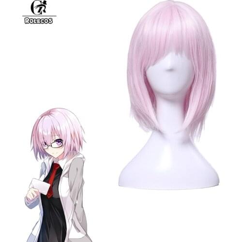 ROLECOS FGO Cosplay Headwear Matthew Mashu Cosplay Hair FGO Mash Short Pink 35cm Synthetic Hair Women Cos