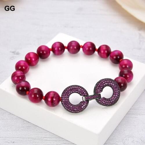 GuaiGuai Jewelry 8'' Fuchsia Round 10mm Tiger Eye Bracelet CZ Pave Clasp