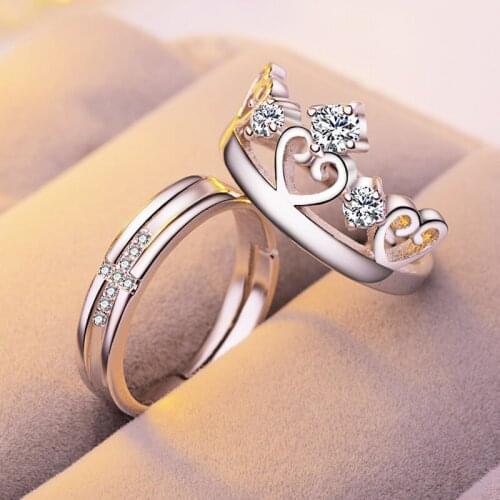 New Fashion 925 Sterling Silver CZ Lovers Set Rings Fine AAA Zircon Crown And Cross Open Adjustable Ring Women&Men Jewelry Gift
