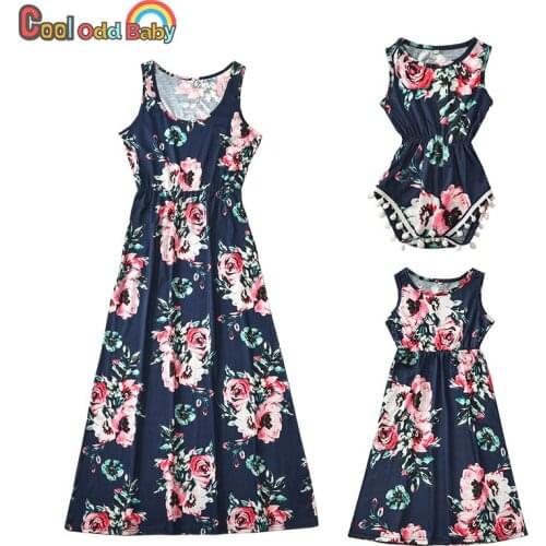 Summer Family Matching Clothes Mother Daughter Floral Print Dress Baby Romper Women Girls Mom Sleeveless Dresses Family Outfits