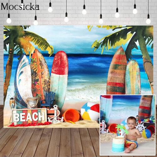 Mocsicka Summer Surfing Photography Background Surfboard Beach Sea Blue Sky Palm Tree Birthday Decor Party Backdrop Photo Studio