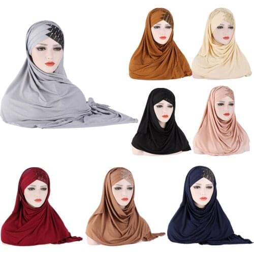 2020 New Women Plain Bubble Jersey Scarf Head Hijab Wrap Solid Sequin Headscarf Instant Shawls Femme Muslim Hijabs Ready To Wear