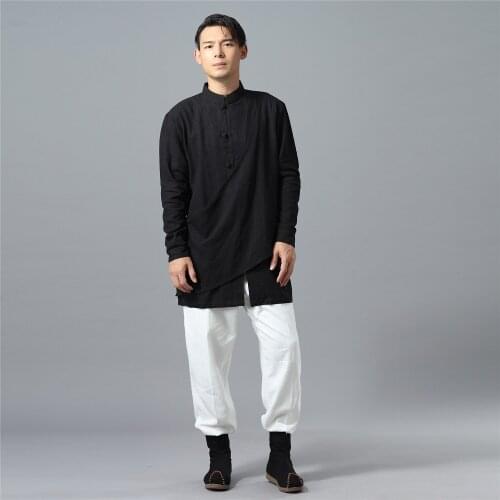 Men Linen Yoga Shirt Sweatshirt Chinese Traditional Loose Long Sleeve Shirt Casual Tai Chi Kungfu Martial Arts Shirt Sportswear