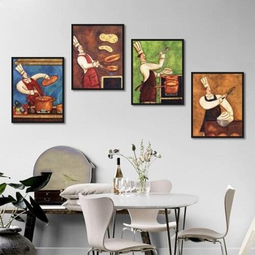 Retro cartoon Kitchen Cooking Wall Art Canvas Painting Modern Home Room Nordic Kitchen Fun Decoration Wall Pictures frame