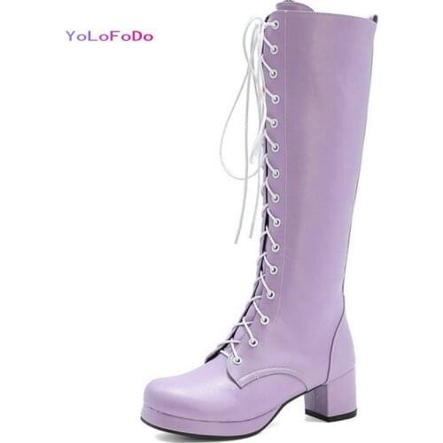 Plus Size 34-45 Women Knee High Boots Square Heel Round Toe Women Calf Boots Autumn Winter Ladies Lace Up Boots 2021 PU Leather