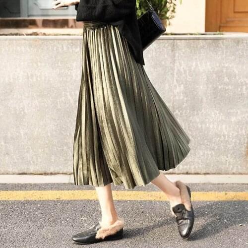 Plus Size Elegant Fall Winter High Waist Velvet Pleated Skirt Women Midi Long Skirt Female Vintage All-match Skirts Jupe Longue