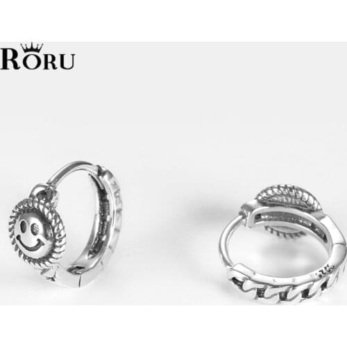 RORU Genuine 925 Sterling Silver Punk Hip Hop Link Chain Smile Lucky Stud Earrings for Women Charming Gothic Rock Jewelry 2021