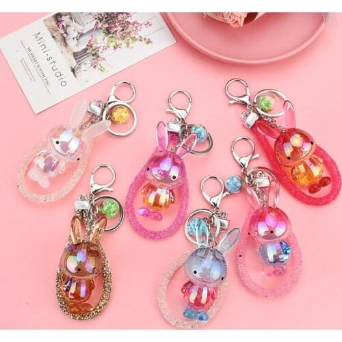 Cute Colorful Acrylic Rabbit Keychain for Women Girl Bag Pendant Keyring Drill Rope Keyfob Accessories