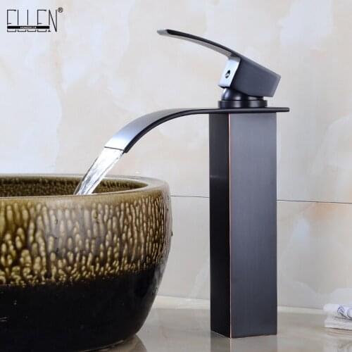 ELLEN Black Vessel Sink Faucet Waterfall Basin Sink Mixer Tap Hot Cold Water Crane Oil Rubble Bronze Finished ELF1427