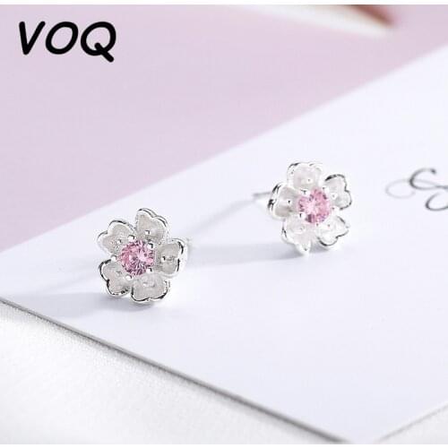 VOQ New Fashion Cherry Blossom Earrings Inlaid Pink Zircon Earrings Ladies Simple and Popular Earrings