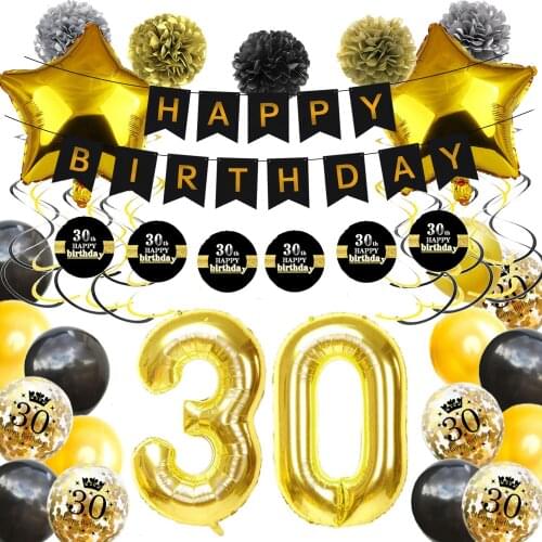 ZLJQ Happy 30th Birthday Party Decoration Crown Star Foil Balloon Adult Birthday Gold And Black Ballon Bday Decor Latex Balon