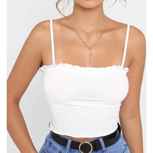 Women White Ruffles Tank Top Aesthetic Vest Off Shoulder Halter Blouse T-Shirt Sexy Camis Summer Camisetas tirantes mujer