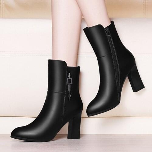 Womens Boots Pointed Thick Heel High Heel Mid-tube Leather Boots 2021 New Boots Womens Shoes Large Size Womens Boots