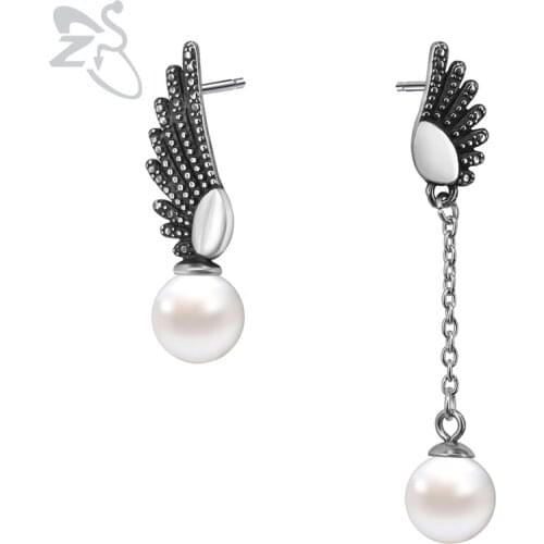 ZS Womens 316L Stainless Steel Earrings Wings shape Stud Earring with 3 Color Pearl Dangling Vintage Gift for Women Girls 2018