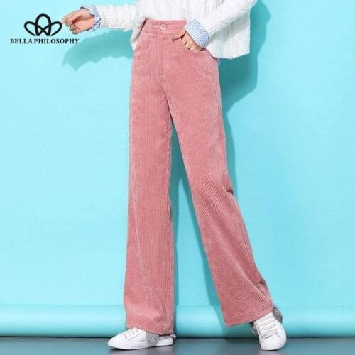 Bella Philosophy 2019 Autumn Winter Women Elegant Pants Corduroy Ladies Wide Leg Soild Female Casual High Waist Pants Leggings