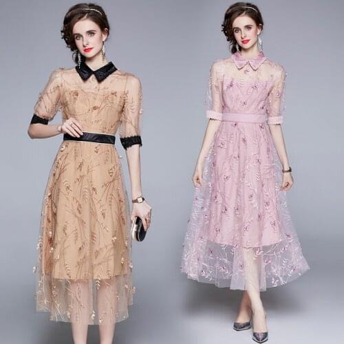 JSXDHK Runway Designer Womens 3D Butterfly Flower Embroidery Dress Elegant Summer Mesh Patchwork Short Sleeve Party Long Dress