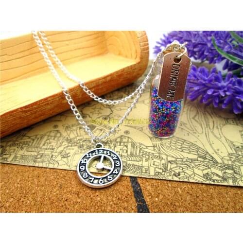 12pcs/lot Drink Me necklace alice in wonderland clock necklace 2ml glass bottle (inside:9 colors)