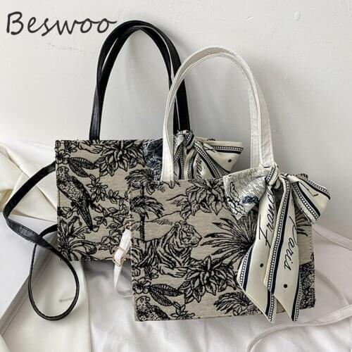 2021 Canvas Handbags Embroidery Scrawl Luxury Crossbody Bag Ladies Silk Scarf Designer Female Tote Bags Shoulder Bag for Women