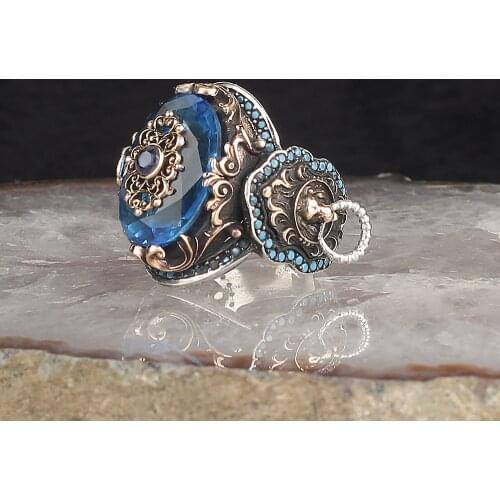 Aquamarine Traditional Handmade Turkish 925 Sterling Silver Signet Rings Jewelry Gift From Turkey for Women Men