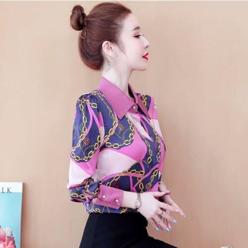 Spring Summer Chiffon Shirts Temperament Elegant Long Sleeve Polo-Neck Blouses Stylish Women Print Loose Tops Blusas MM0820