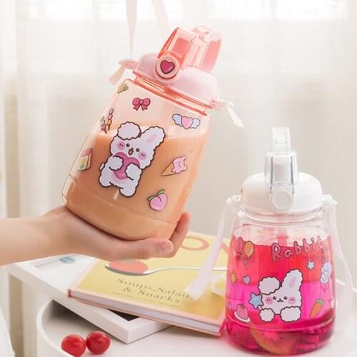 Large Capacity Water Bottle Summer Outdoor Sports Big Belly Water Cup Personality Lovely Travel Strap Straw Kettle 1300ml