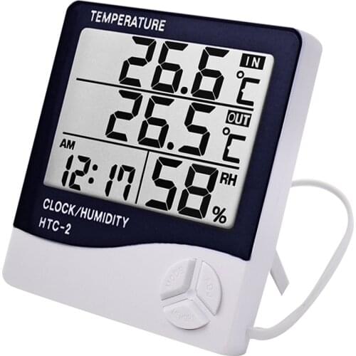 LCD Electronic Digital Temperature Weather Station Outdoor Indoor Hygrometer HTC-1 /-2 Thermometer With Clock For Home Use