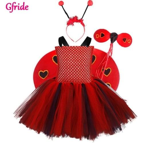 Girls Halloween Animal Costume For Kids ladybird Tutu Dress With Headband Wings Wands Insect Theme Dress Performance Clothes