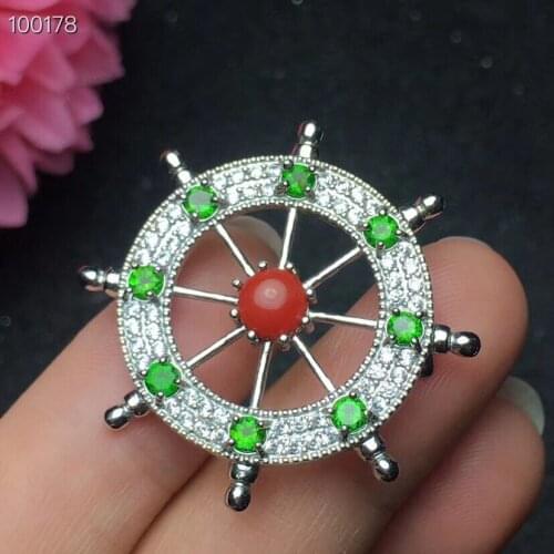 Natural diopside brooch, natural coral, fashion, natural gem store 925 silver