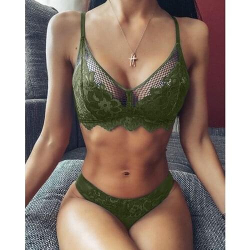 Sexy Plus Size Lace Underwear Women 2 Piece Set Push Up Bra and Panties Summer Clothes Lingerie See Through Mesh Hollow Out Sets