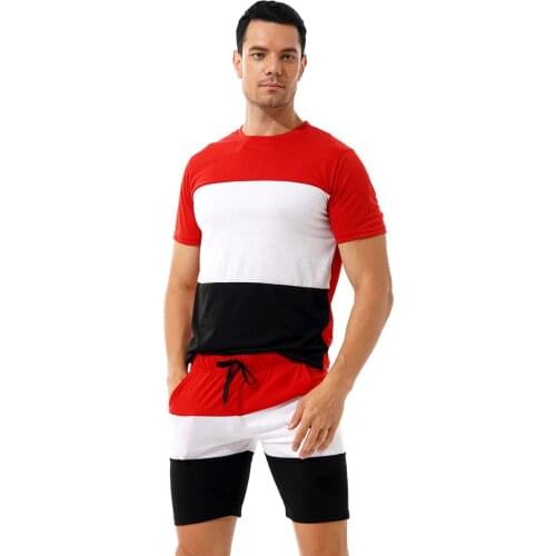 Summer Men Casual Cotton Two Pieces Sets Short Sleeve T Shirts and Loose Shorts Fashion Contrast Outfits Tracksuit Bicycle Suit
