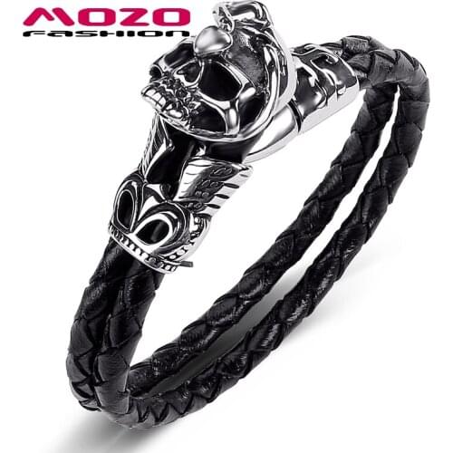 Fashion Hot Men Jewelry Black Double Layer Leather Bracelet Stainless Steel Skull Skeleton Punk Charm Gift Bangle PS1020