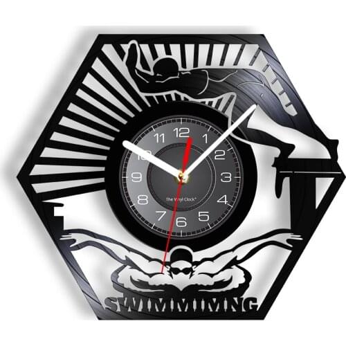 Diving & Swimming Inspired Vinyl Record Wall Clock Diving Platform Pool Breaststroke Vintage Designed LED Wall Watch To Swimmers