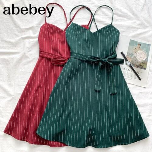 2021 New Summer Fashion All-match V-neck striped sling Dress cross backless waist bandage short Dress