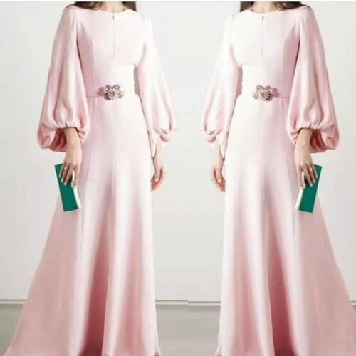 2021New Arrive Long Dress LongSeeve O Neck Pind Color Big Size EveningDress