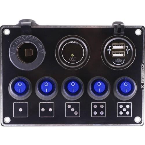 5 Gang ON-OFF Switch Panel 4.2A Dual USB Socket LED Voltmeter 12-24V Power Outlet Short Circuit Protection Switch For Boat Car