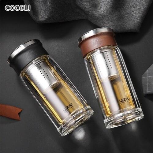 Portable Double-Wall Glass Tea Bottle Office Mug With Stainless Steel Tea Filter Rourde Water Bottles Anti-Scalding Business Cup