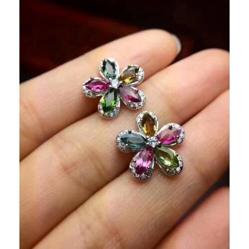 Natural multicolor tourmaline stud earrings 925 silver natural gemstone earrings Luxury flowers womens party Earrings jewelry