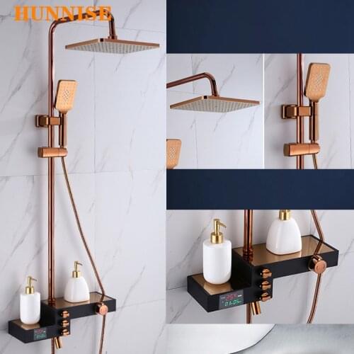 Rose Gold Digital Bathroom Shower Faucet Hot and Cold Shower System Square Head Three Fuction Way Bathroom Shower System Faucet