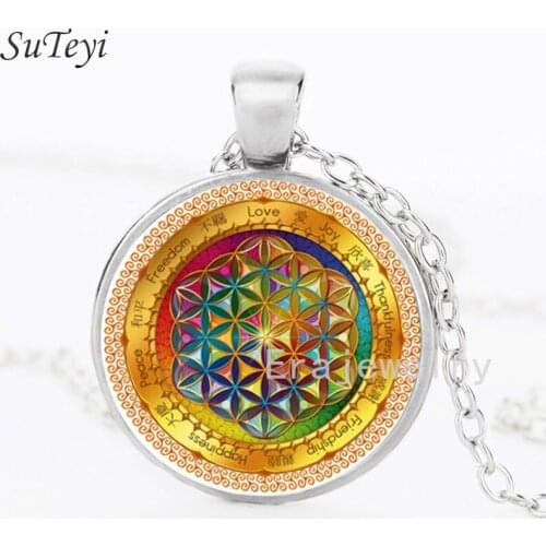 SUTEYI Vintage Statement Long Necklace Mandala Flower Of Life Glass Cabochon Pendant Bronze Chain Buddhism Necklaces Jewelry