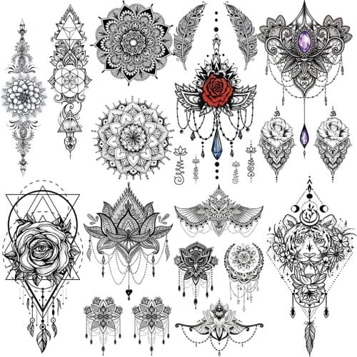 Mandala Flowers Temporary Tattoo For Women Black Henna Mehndi Tattoos Sticker Rose Lace Owl Fake Jewelry Tatoos Body Chest Back