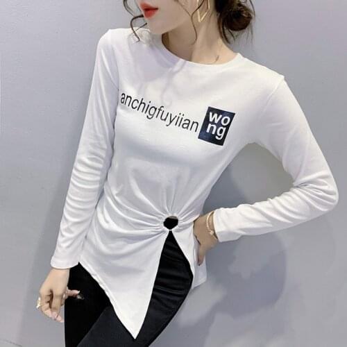 #8629 Black White Red Green Letters Printed Long Sleeve T Shirt Women Split Harajuku Asymmetrical T Shirt Femme Cotton O Neck