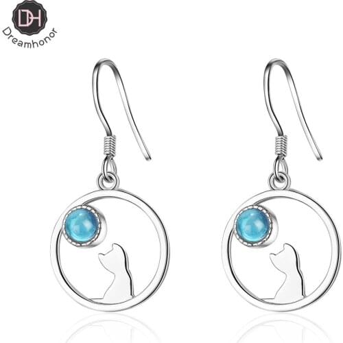 Dreamhonor Elegant 925 Sterling Silver Moon Stone Cat Drop Earrings For Women Fashion Jewelry