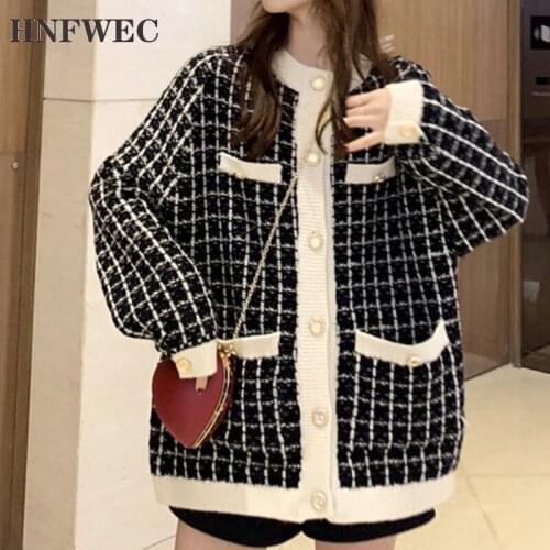 Autumn 2020 New Sweater Coat Retro Shirt Check Long Sleeve Single Breasted Plaid Loose Knit Cardigan Tide Ladies V673